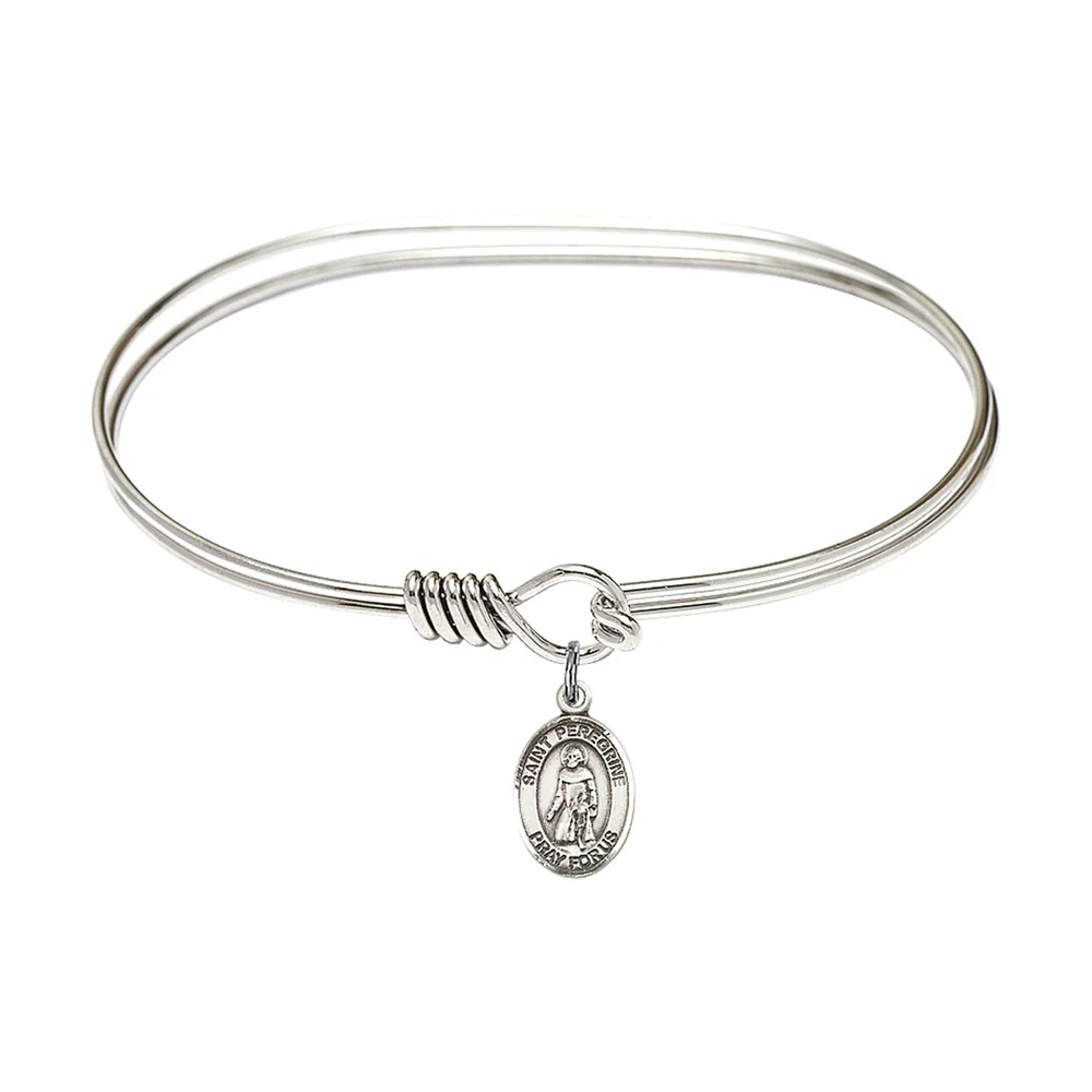 Adult 7" Oval  Rhodium Plated Bangle Bracelet with St. Peregrine Laziosi Medal Charm