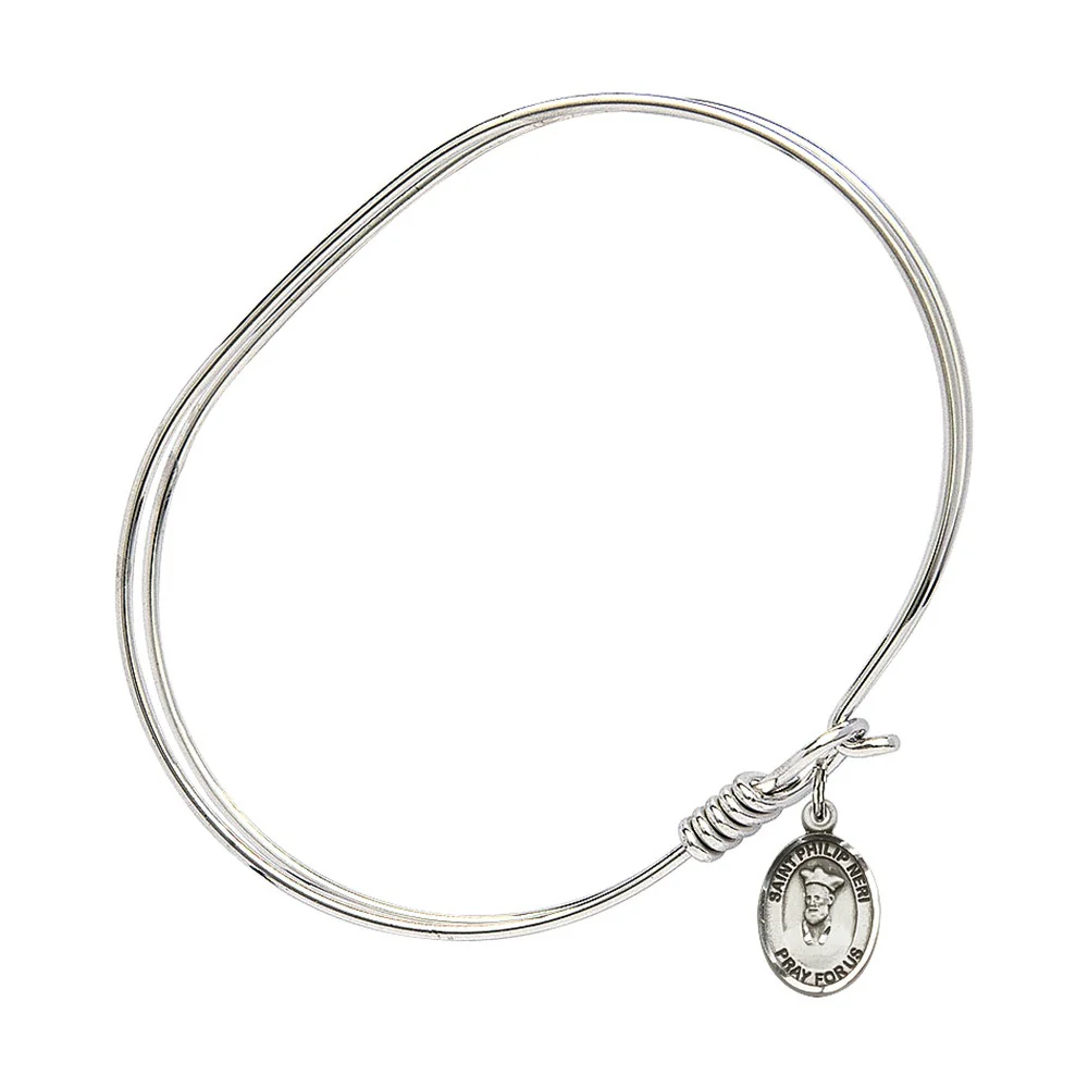 Adult 7" Oval  Rhodium Plated Bangle Bracelet with St. Philip Neri Medal Charm - Image 2