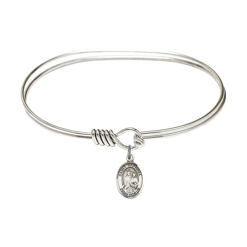Adult 7" Oval  Rhodium Plated Bangle Bracelet with St. Raphael the Archangel Medal Charm