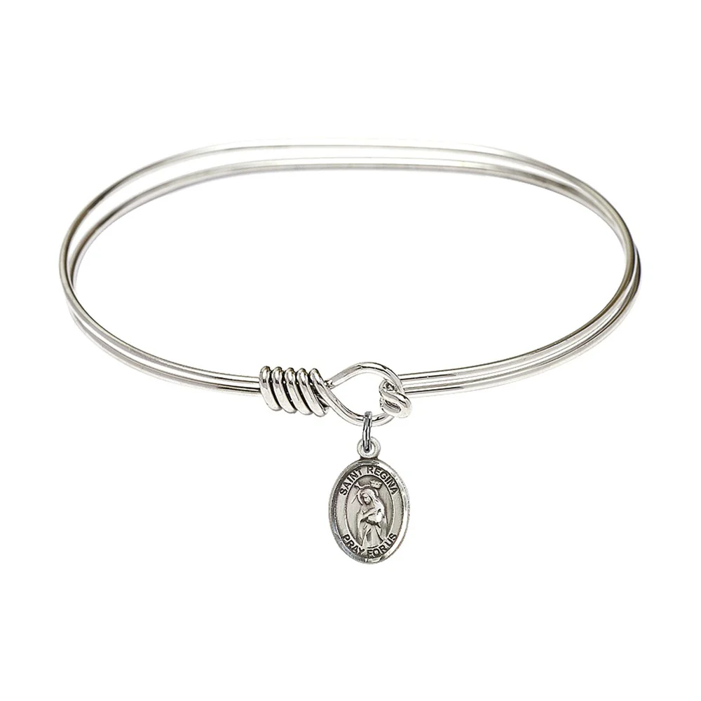 Adult 7" Oval  Rhodium Plated Bangle Bracelet with St. Regina Medal Charm