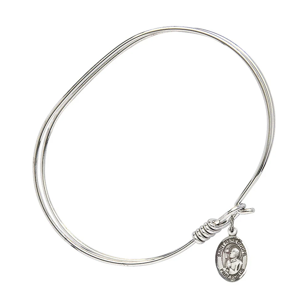 Adult 7" Oval Rhodium Plated Bangle Bracelet with St. Rene Goupil Medal Charm - Image 2