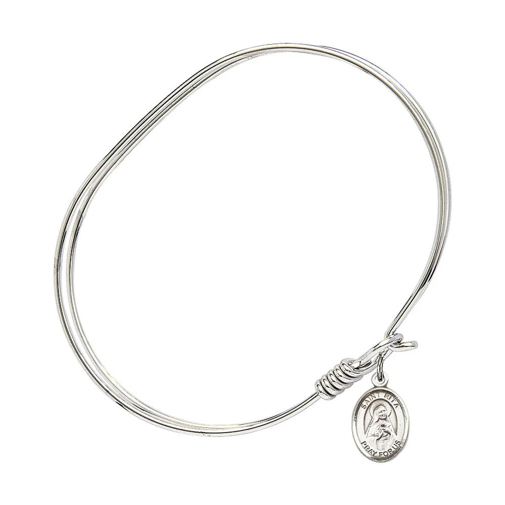 Adult 7" Oval  Rhodium Plated Bangle Bracelet with St. Rita of Cascia Medal Charm - Image 2