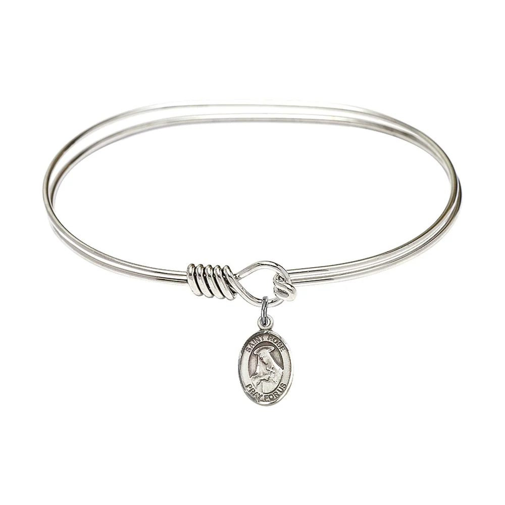 Adult 7" Oval  Rhodium Plated Bangle Bracelet with St. Rose of Lima Medal Charm