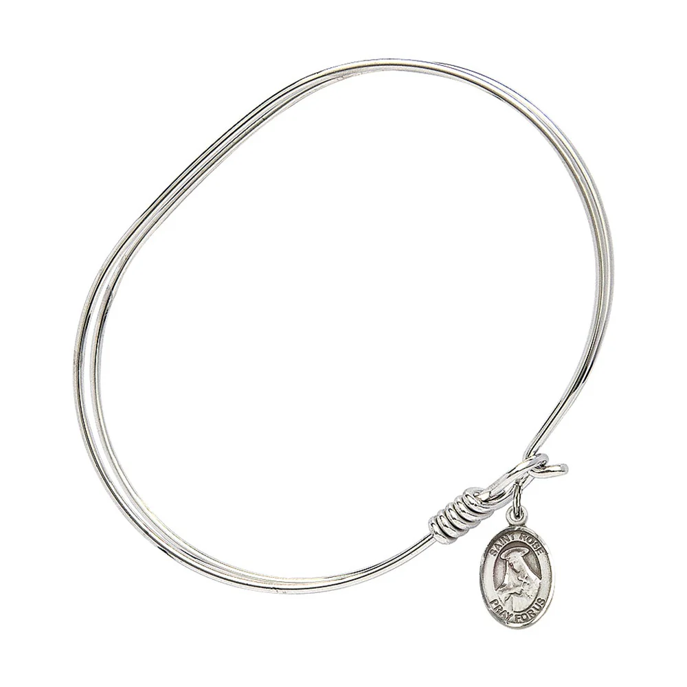 Adult 7" Oval  Rhodium Plated Bangle Bracelet with St. Rose of Lima Medal Charm - Image 2