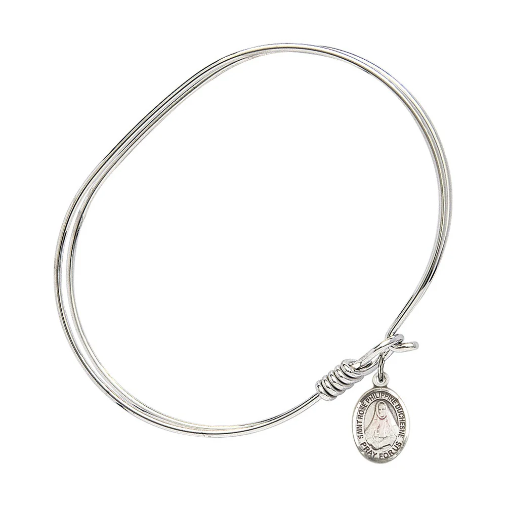 Adult 7" Oval  Rhodium Plated Bangle Bracelet with St. Rose Philippine Duchesne Medal Charm - Image 2