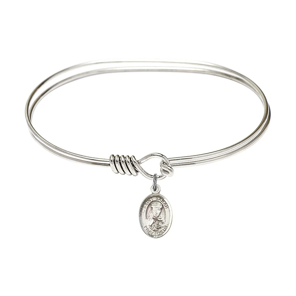 Adult 7" Oval Rhodium Plated Bangle Bracelet with St. Sarah Medal Charm