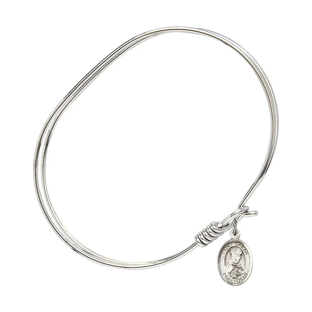 Adult 7" Oval Rhodium Plated Bangle Bracelet with St. Sarah Medal Charm - Image 2