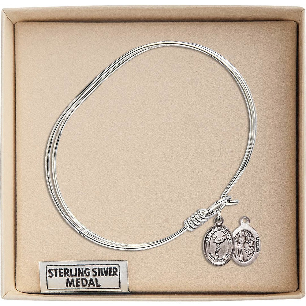 Adult 7" Oval  Rhodium Plated Bangle Bracelet with St. Sebastian/Cheerleading Medal Charm - Image 3