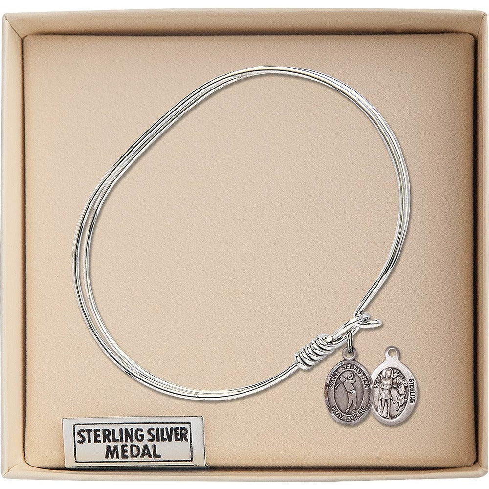 Adult 7" Oval Rhodium Plated Bangle Bracelet with St. Sebastian/Golf Medal Charm - Image 3