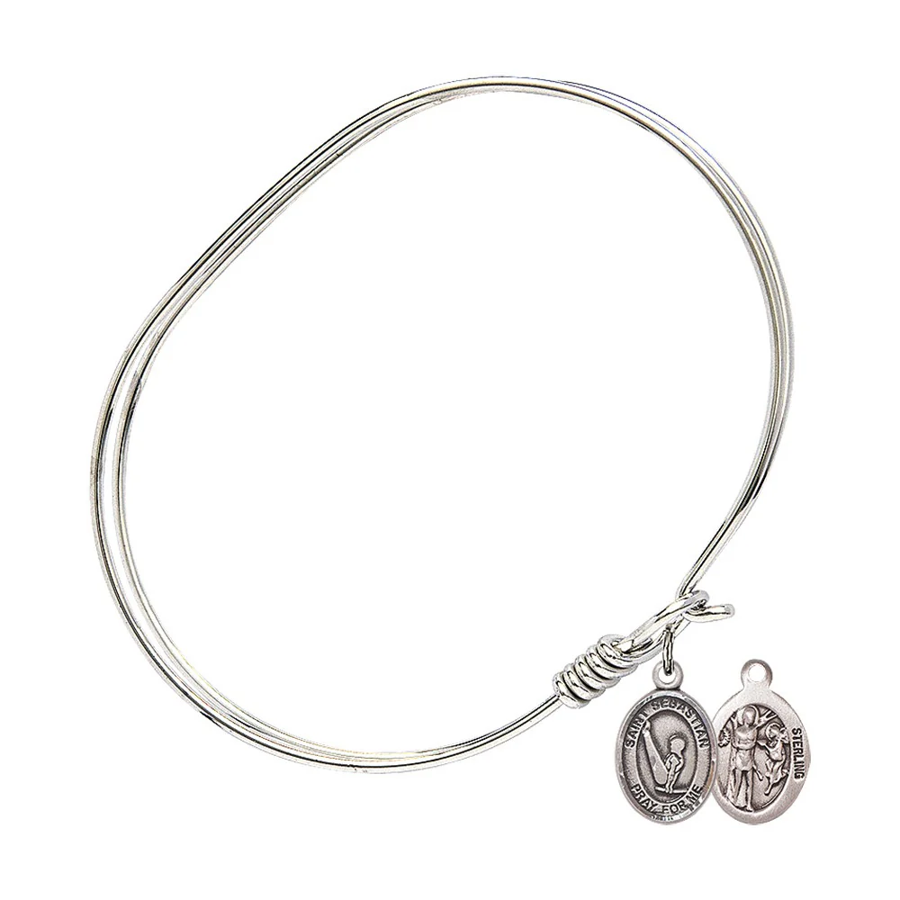 Adult 7" Oval  Rhodium Plated Bangle Bracelet with St. Sebastian/Gymnastics Medal Charm - Image 2