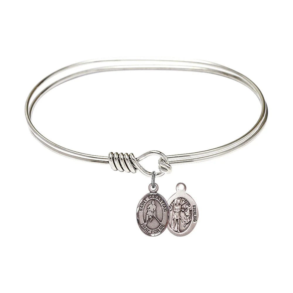 Adult 7" Oval  Rhodium Plated Bangle Bracelet with St. Sebastian/Ice Hockey Medal Charm