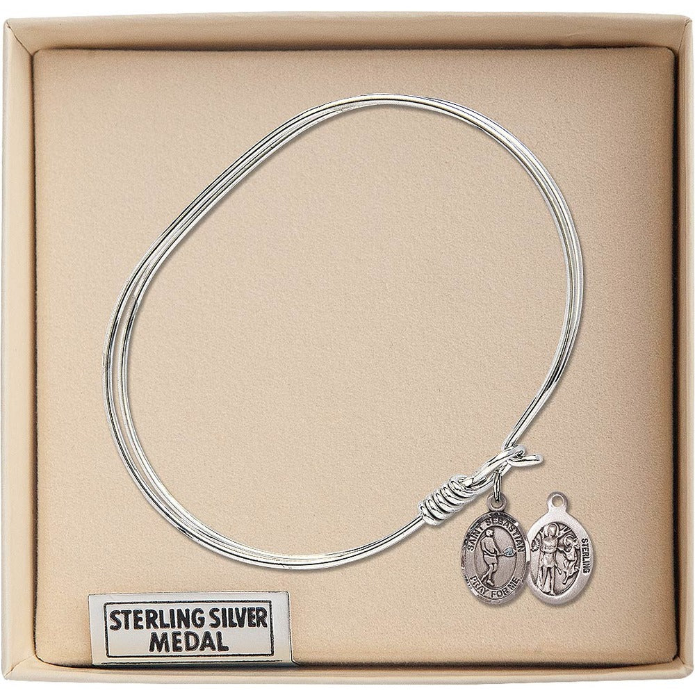 Adult 7" Oval  Rhodium Plated Bangle Bracelet with St. Sebastian/Tennis Medal Charm - Image 3