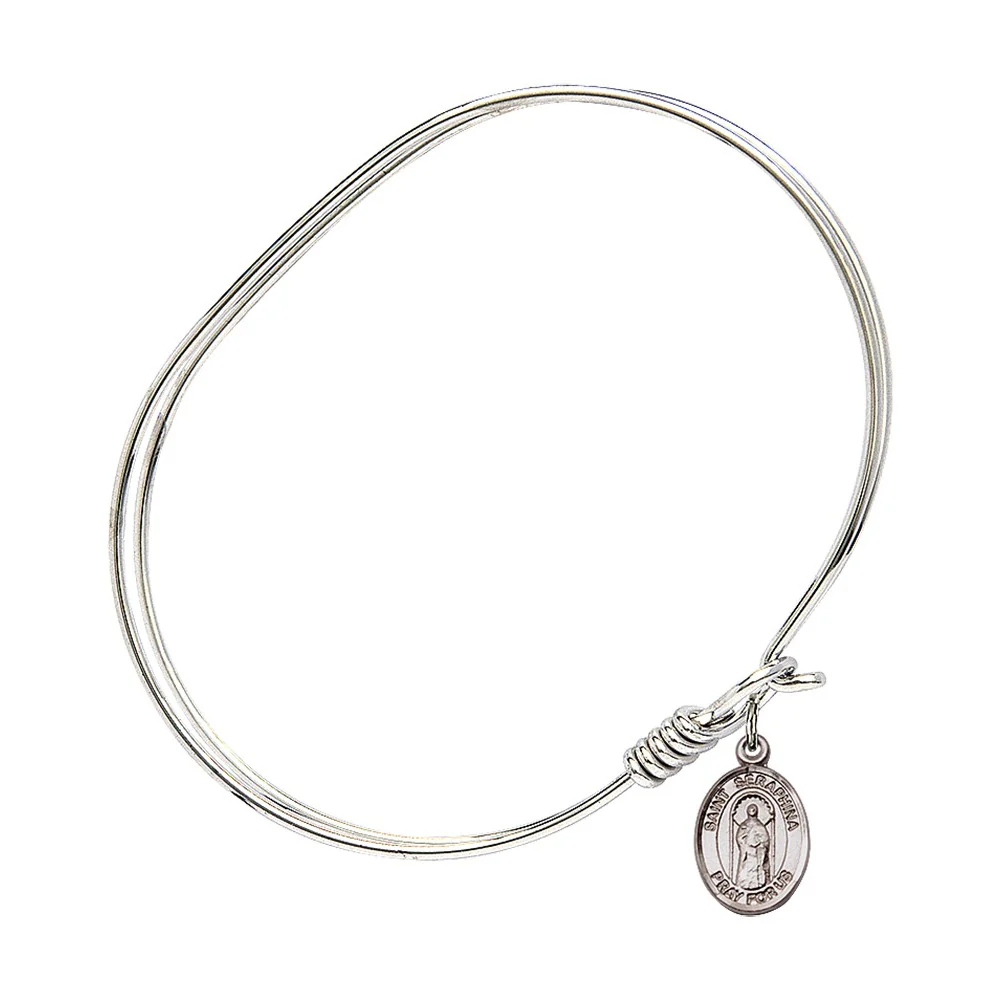 Adult 7" Oval  Rhodium Plated Bangle Bracelet with St. Seraphina Medal Charm - Image 2