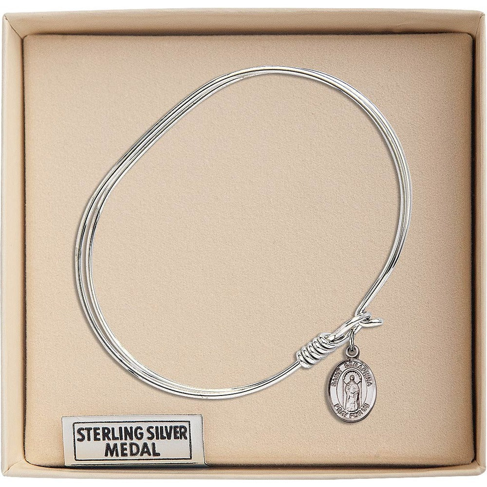 Adult 7" Oval  Rhodium Plated Bangle Bracelet with St. Seraphina Medal Charm - Image 3