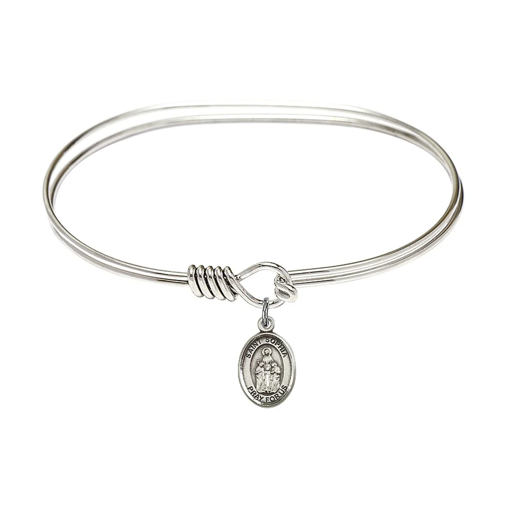 Adult 7" Oval Rhodium Plated Bangle Bracelet with St. Sophia Medal Charm