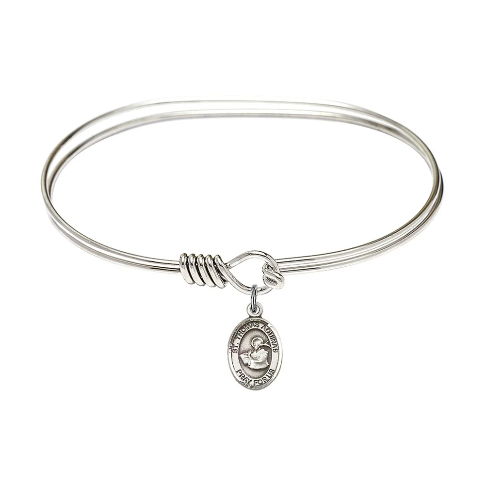Adult 7" Oval  Rhodium Plated Bangle Bracelet with St. Thomas Aquinas Medal Charm
