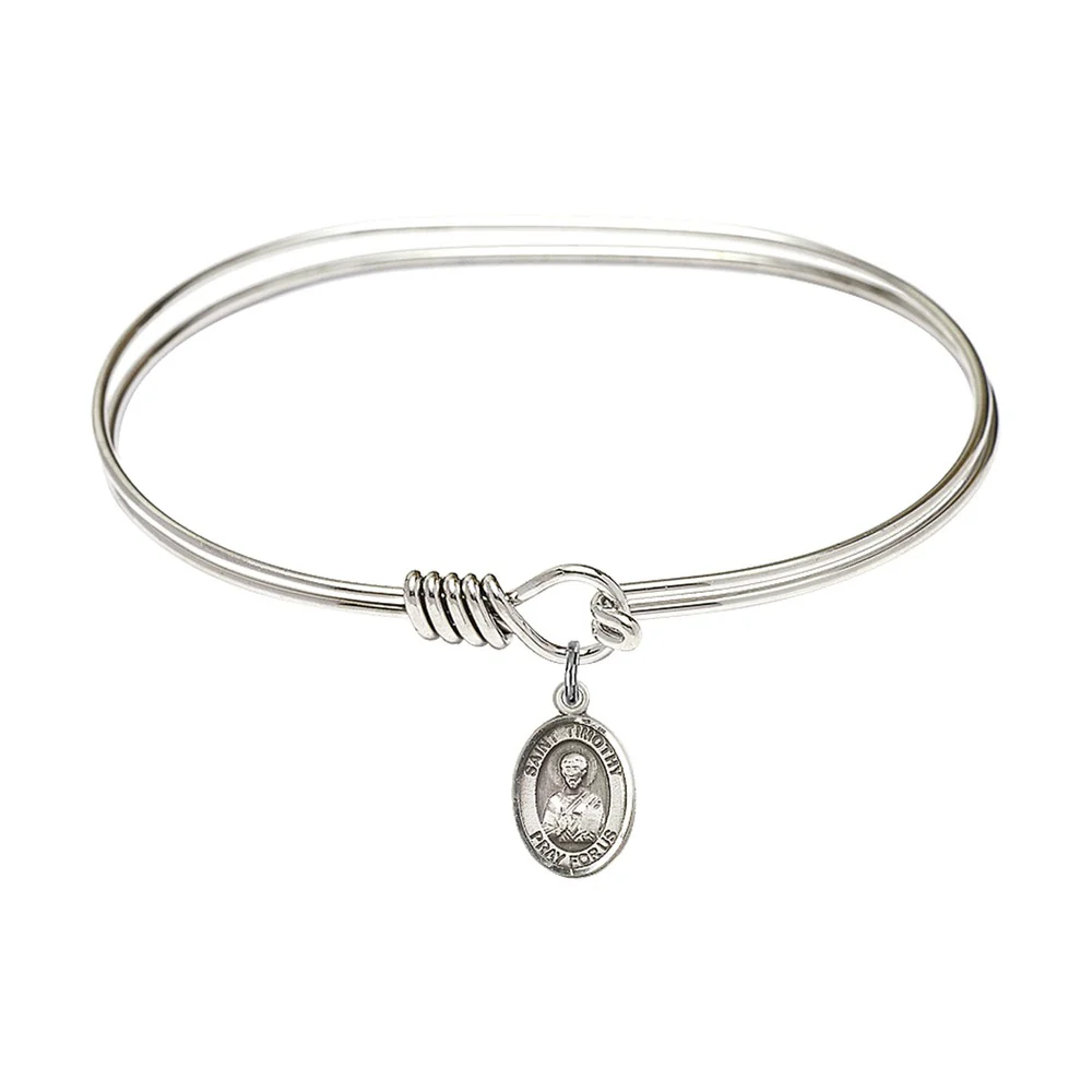Adult 7" Oval  Rhodium Plated Bangle Bracelet with St. Timothy Medal Charm
