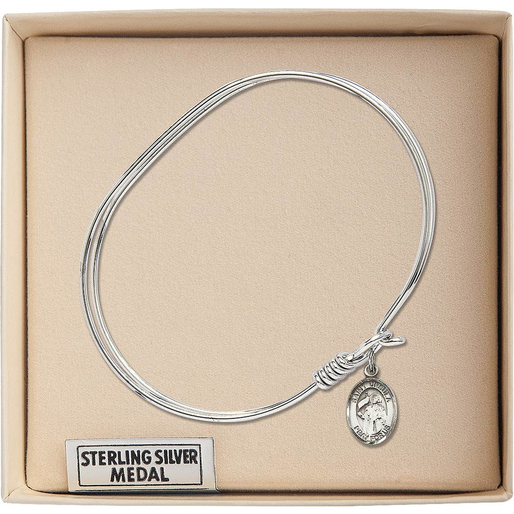 Adult 7" Oval  Rhodium Plated Bangle Bracelet with St. Ursula Medal Charm - Image 3