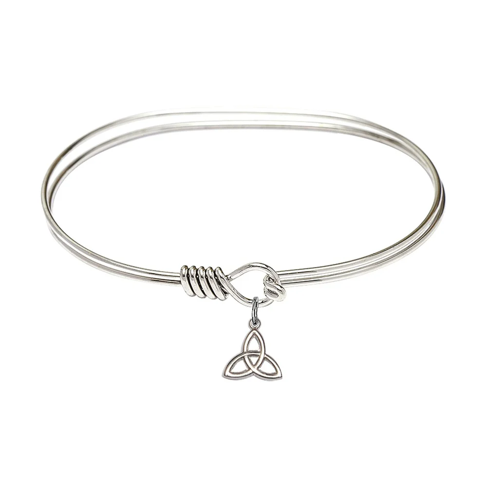 Adult 7" Oval Rhodium Plated Bangle Bracelet with Trinity Irish Knot Charm