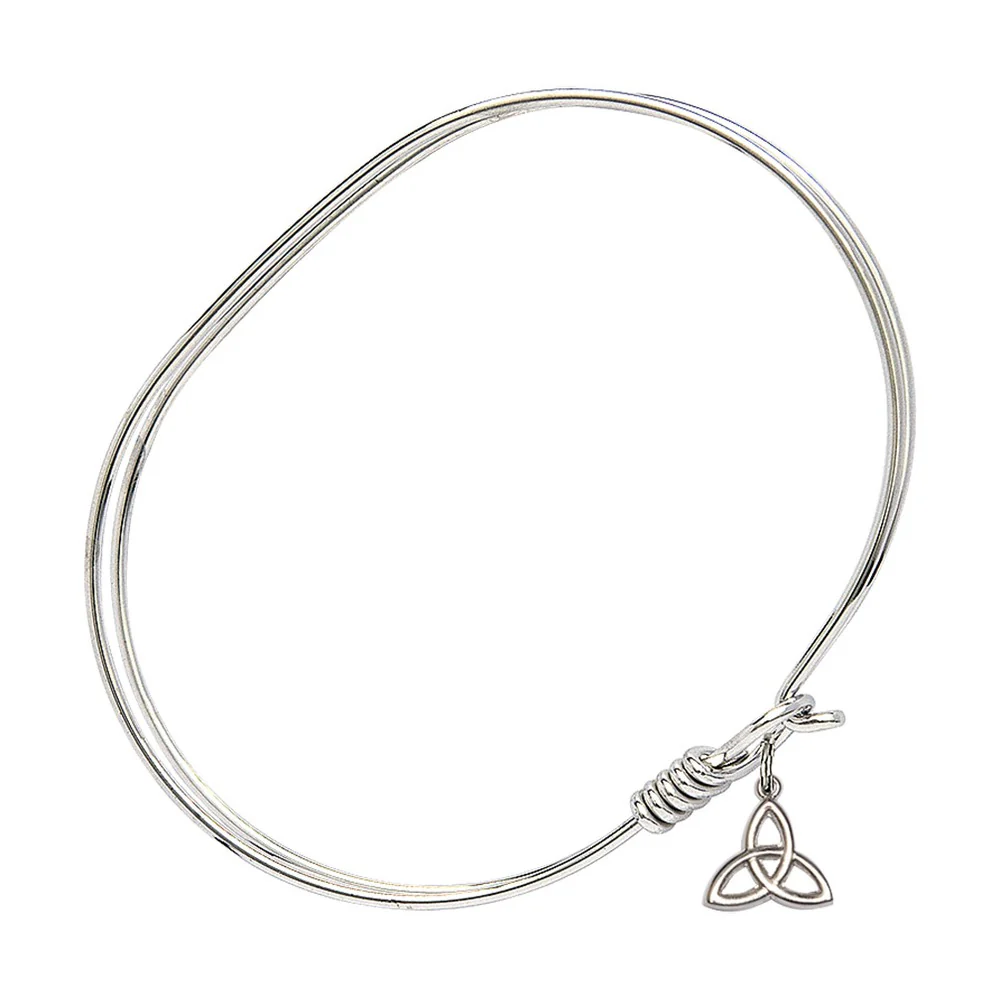 Adult 7" Oval Rhodium Plated Bangle Bracelet with Trinity Irish Knot Charm - Image 2