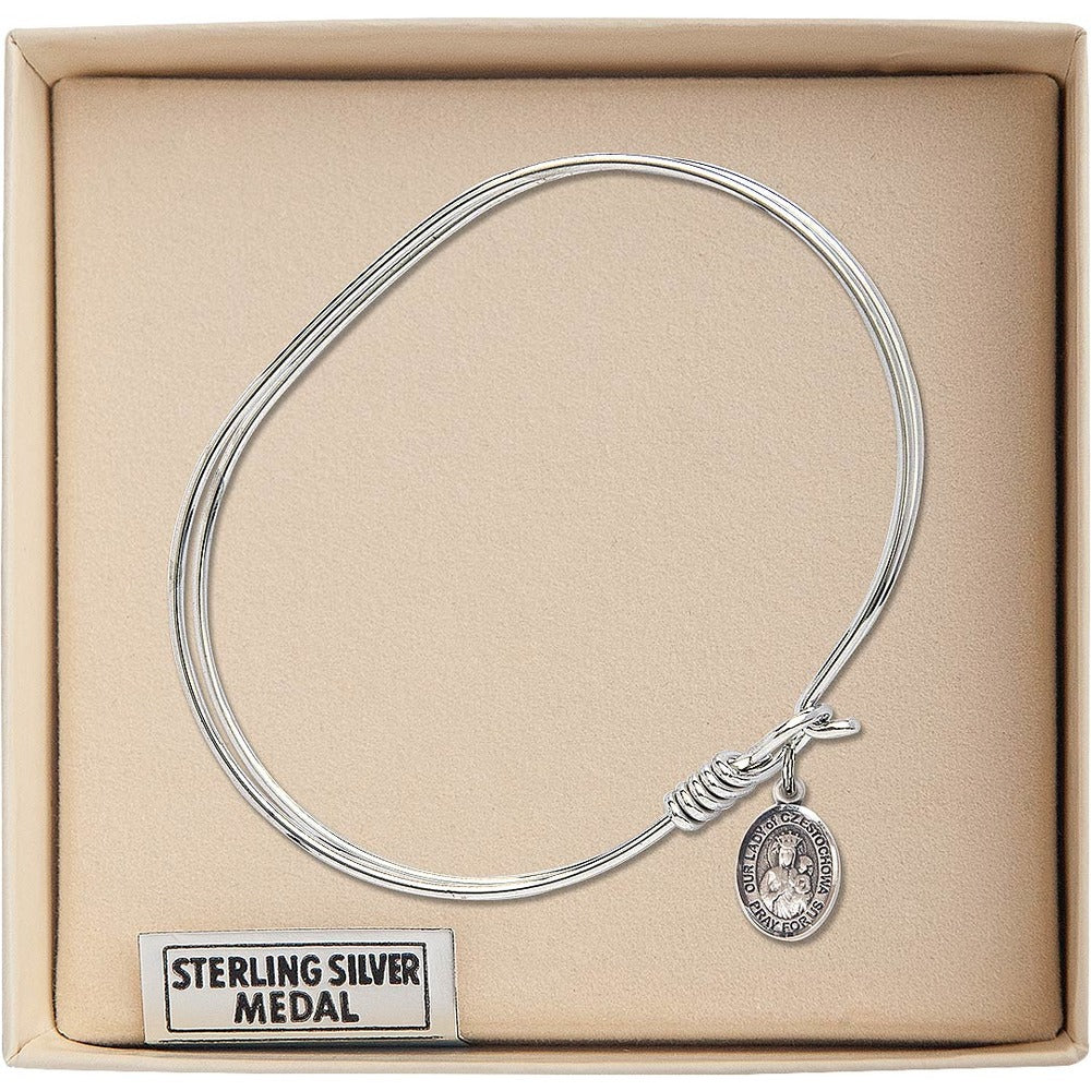 Adult 7" Oval Rhodium Plated Bangle with Our Lady of Czestochowa Medal - Image 2