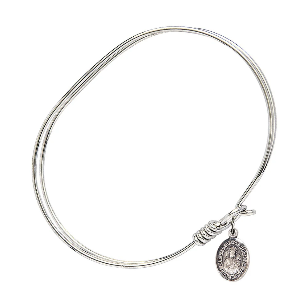 Adult 7" Oval Rhodium Plated Bangle with Our Lady of Czestochowa Medal - Image 3