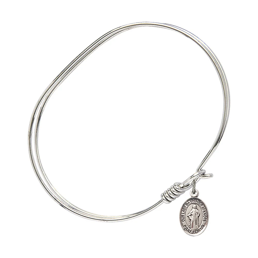 Adult 7" Oval Rhodium Plated Bangle with Our Lady the Undoer of Knots Medal - Image 2