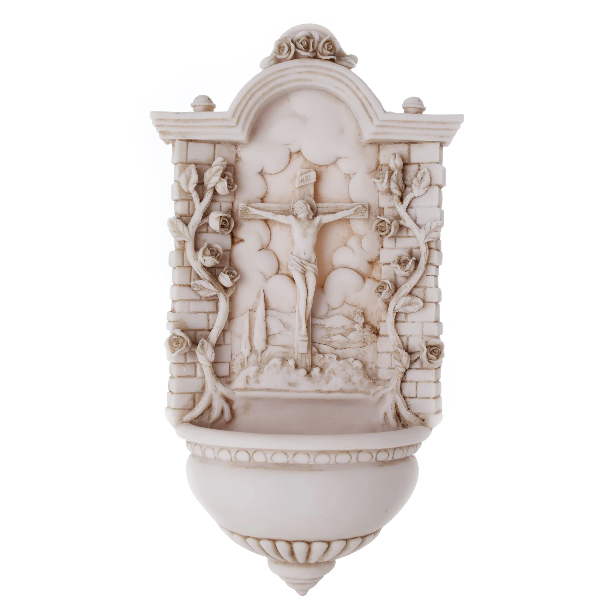 Alabaster Crucifixion w/Roses Font - 5" x 9.5"