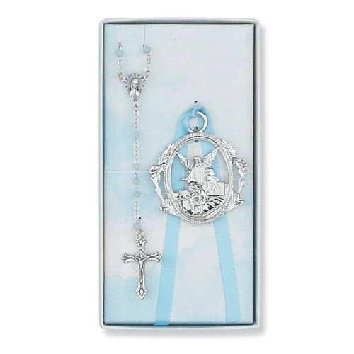 Angel Crib Medal and Blue Rosary - Set