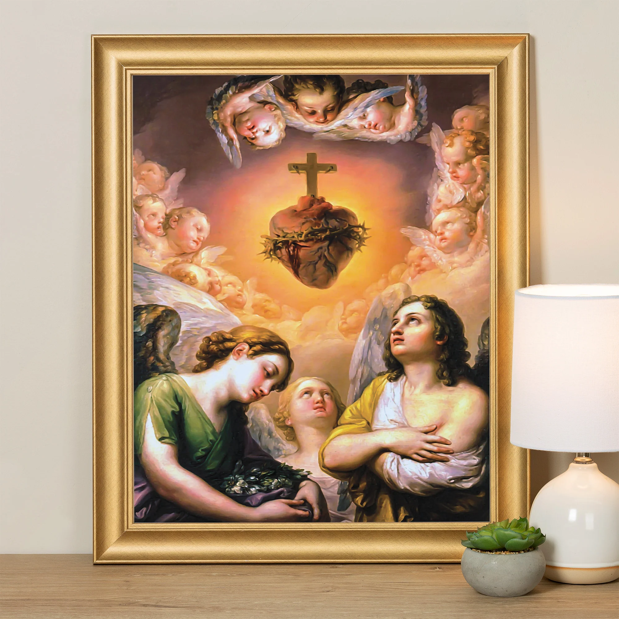 Angels Adoring the Heart of Jesus Gold Framed Print - Multiple Sizes
