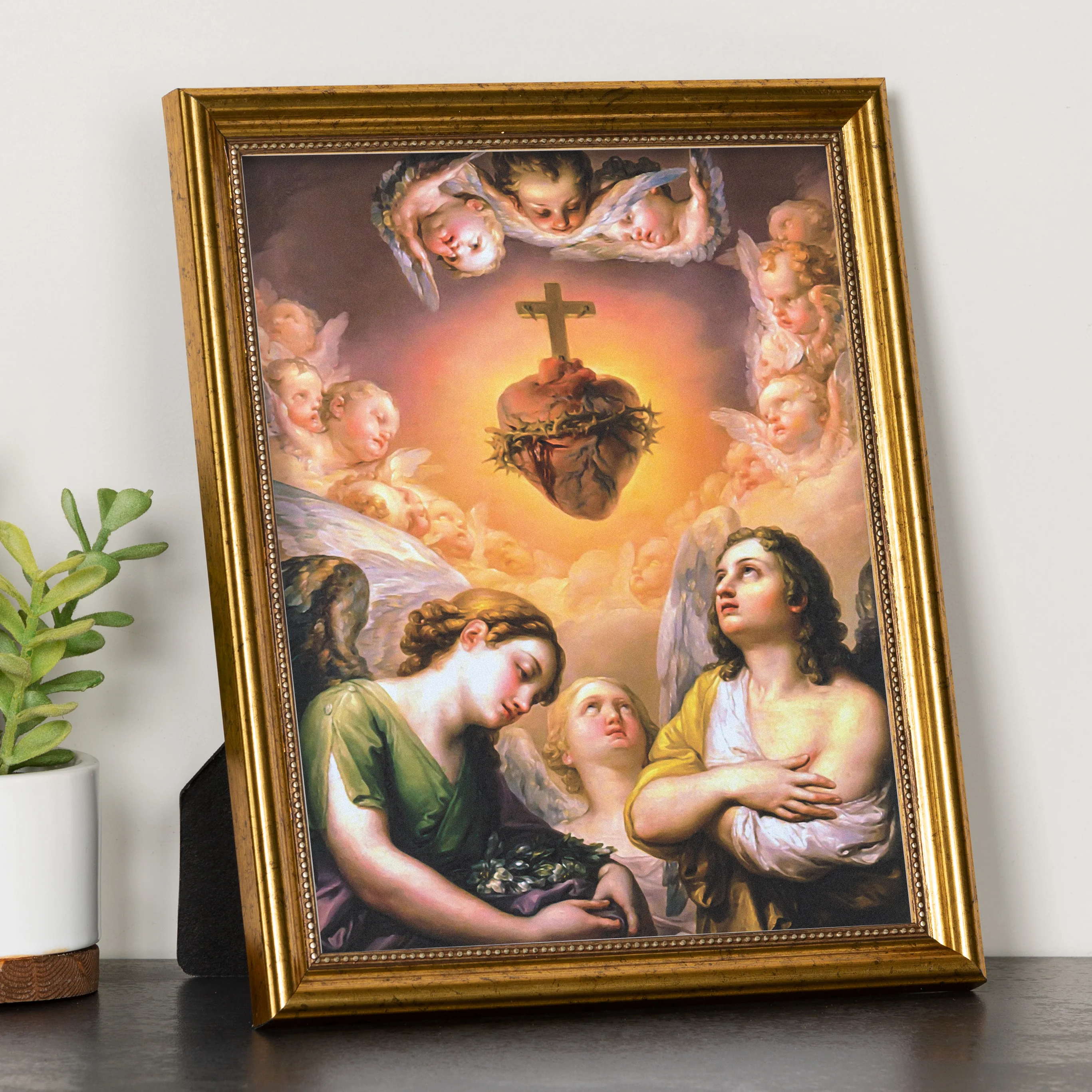 Angels Adoring the Heart of Jesus Gold Framed Print - Multiple Sizes - Image 2