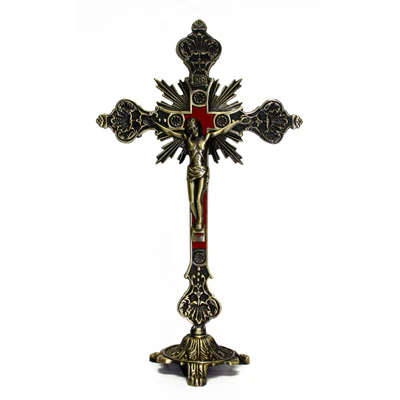 Antique Brass Standing Crucifix with Red Inlay - 8" - Image 2
