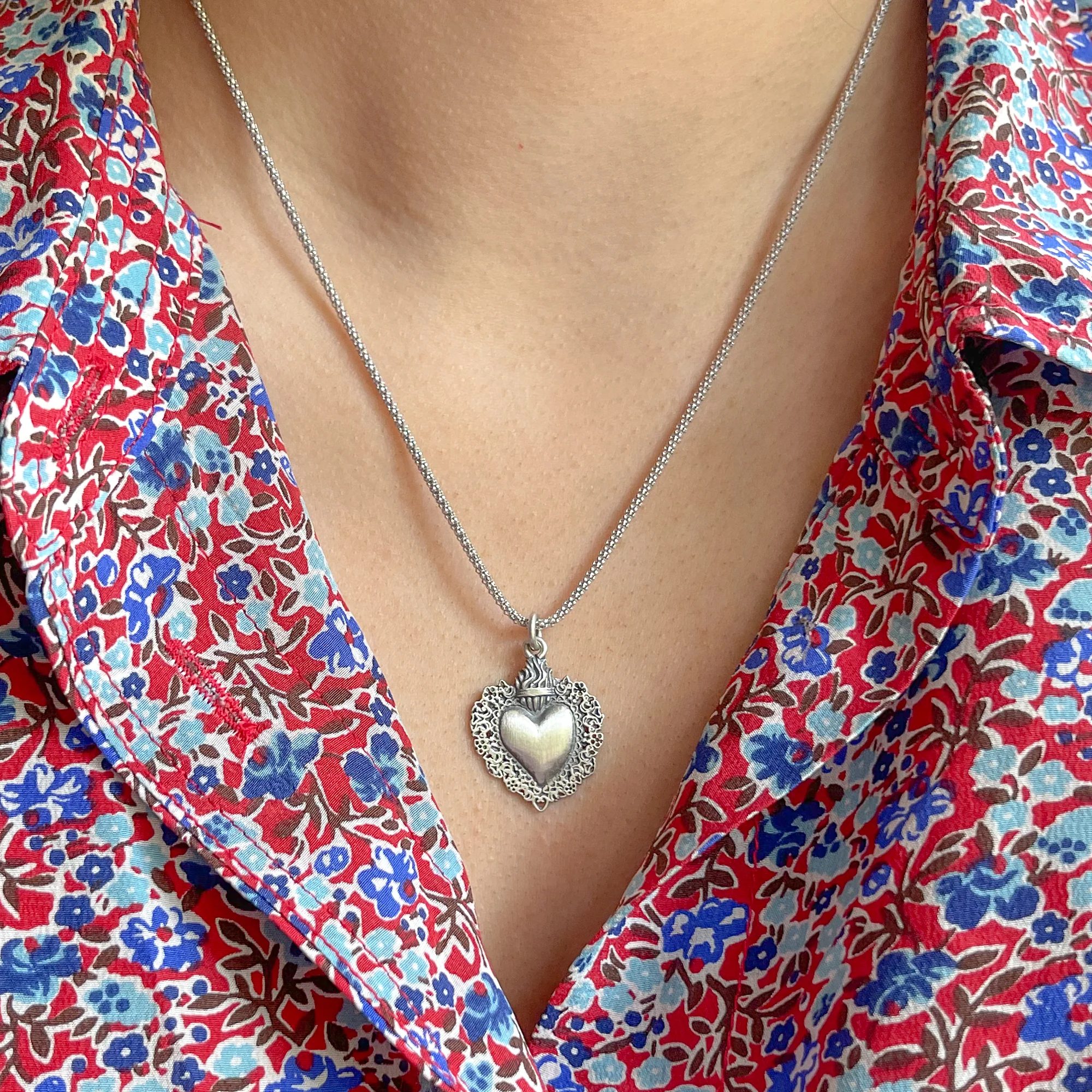 Antique Finish Sterling Silver Sacred Heart Necklace - Image 2