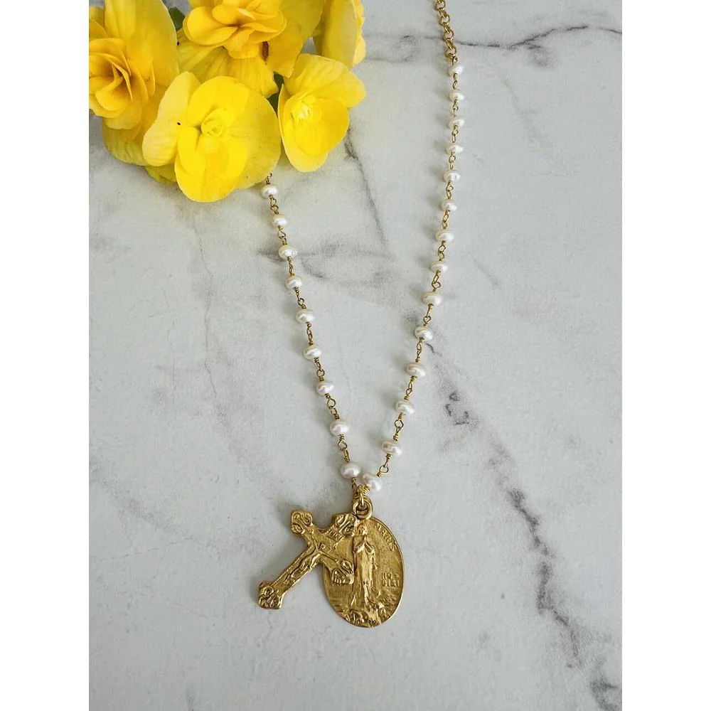 Antique Gold & Petite Pearl Stella Maris Crucifix Necklace