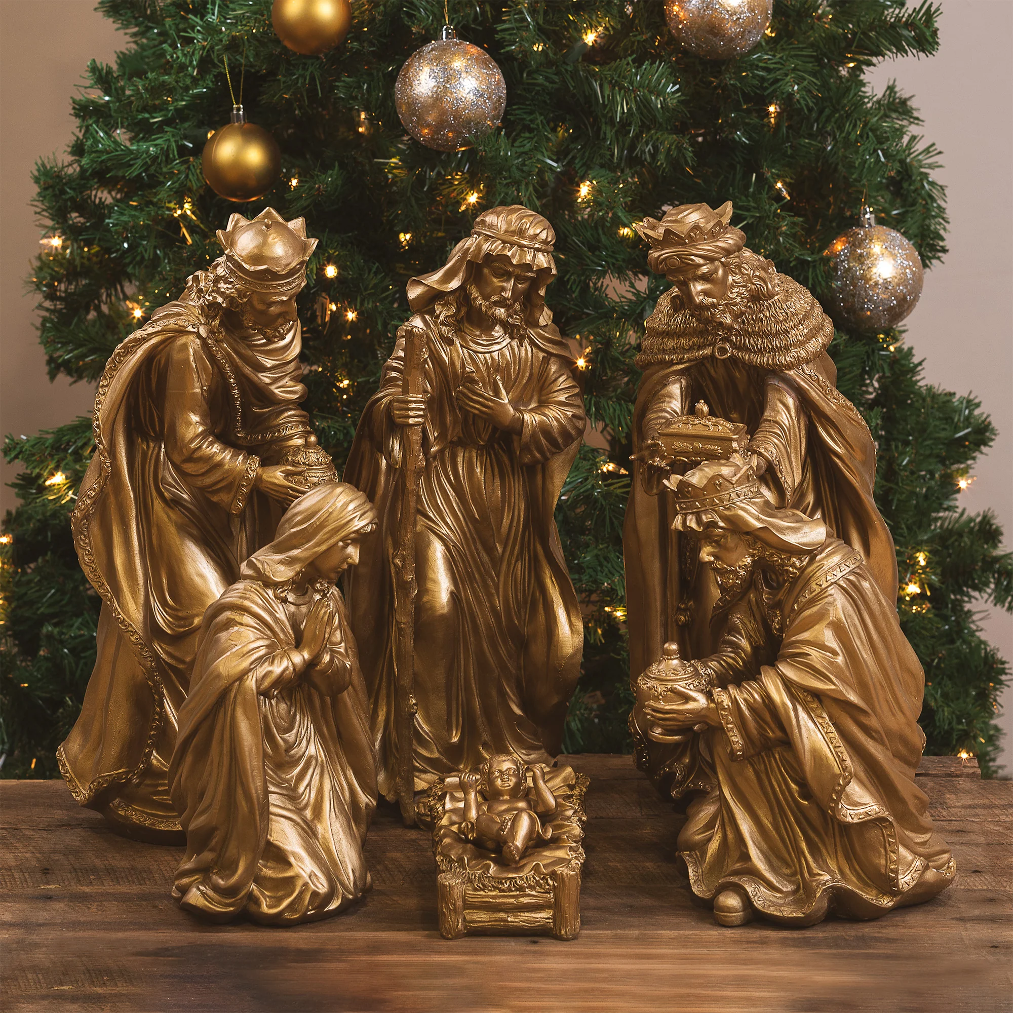 Antique Gold Resin Nativity Scene - 6 Pieces - Image 2