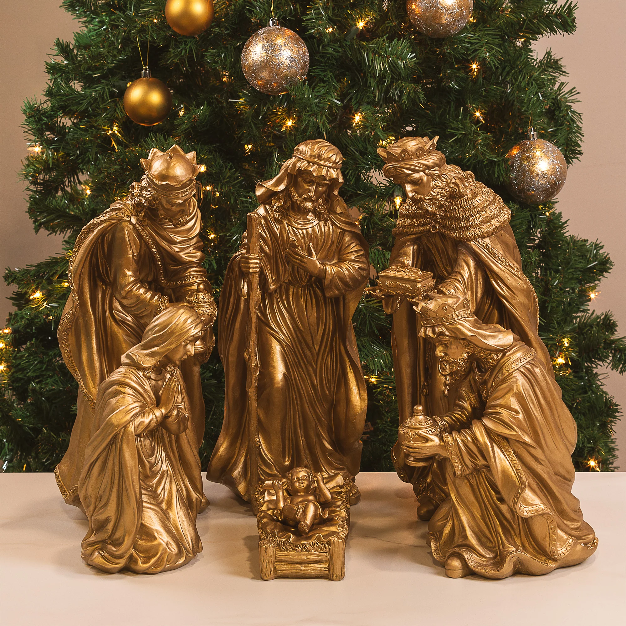 Antique Gold Resin Nativity Scene - 6 Pieces - Image 4
