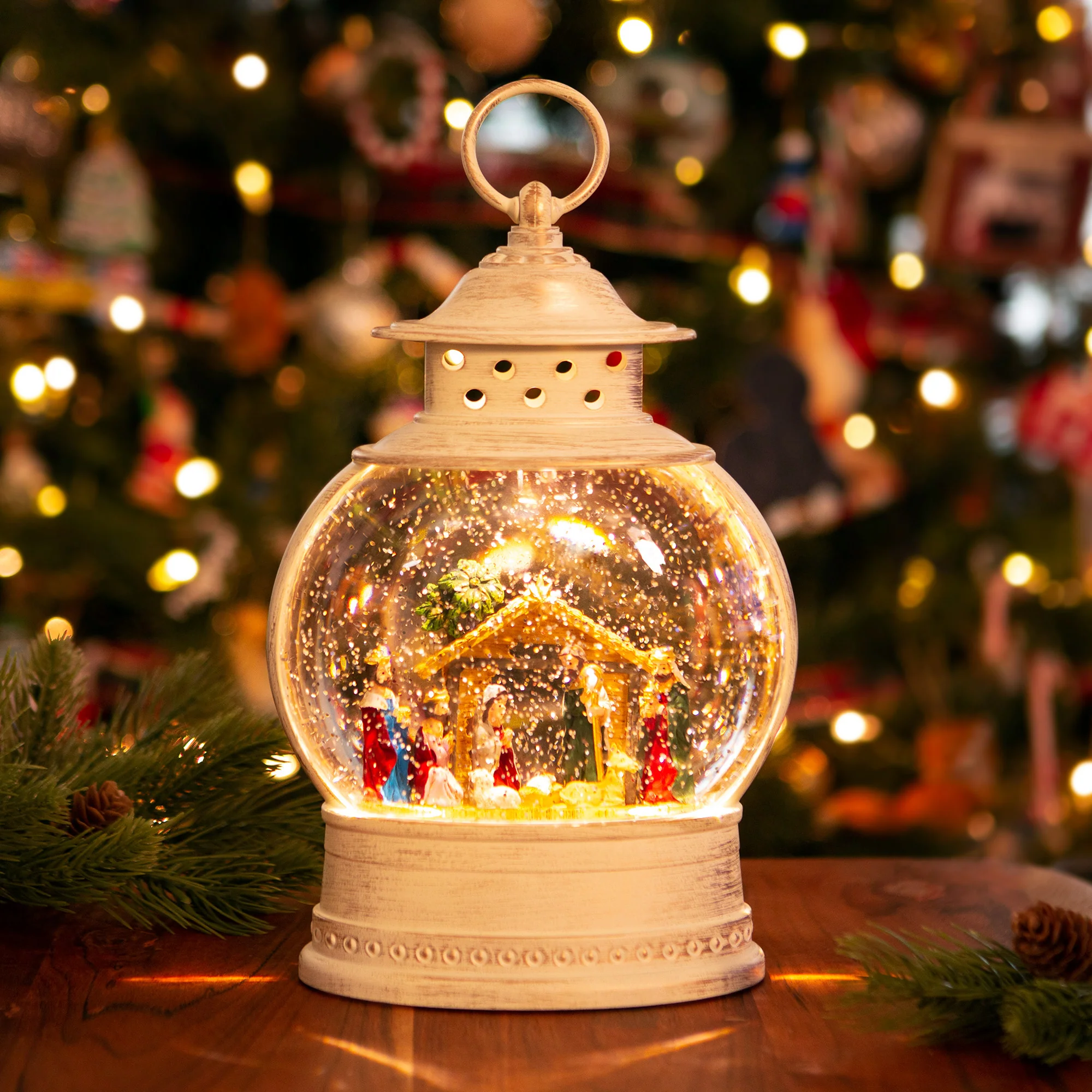 Antique Ivory Nativity Glitterdome Lantern