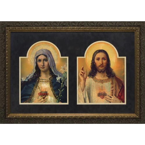 Antique Sacred & Immaculate Hearts Matted in Dark Ornate Frame - Various Sizes - Image 2