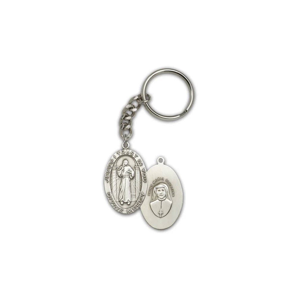 Antique Silver Divine Mercy Keychain