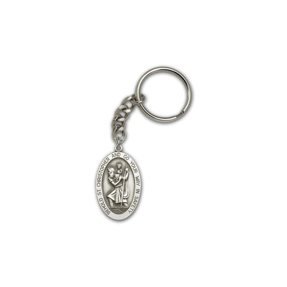 Antique Silver St. Christopher KeyChain 1 5/8 X 1 Inch