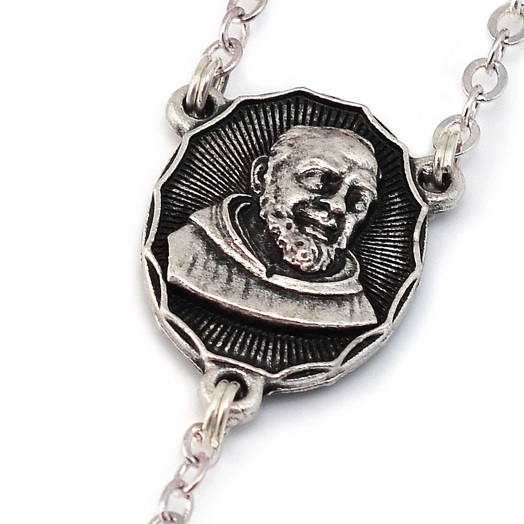Antique Silver & Wood St. Padre Pio Rosary - Image 3