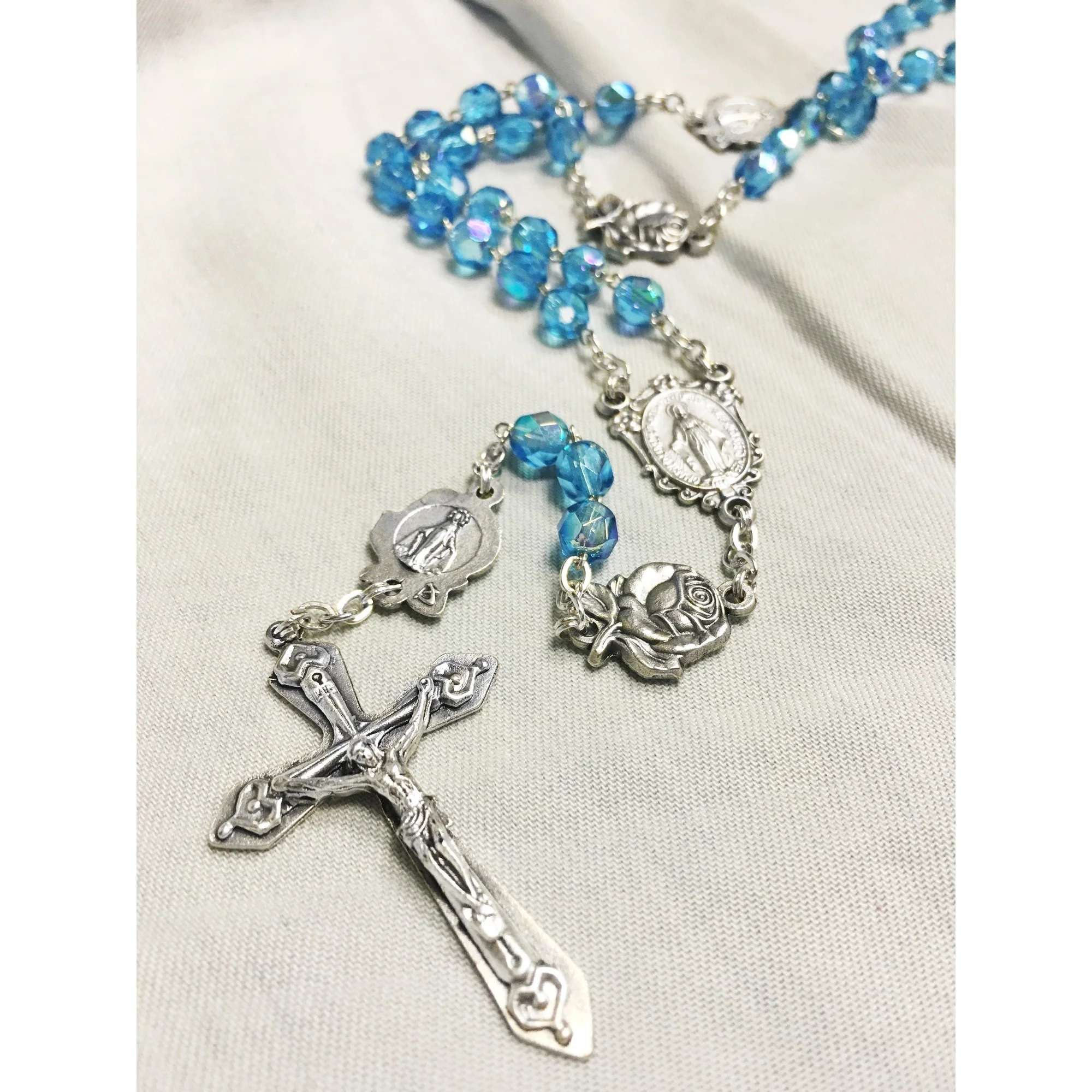 Aqua Miraculous Medal with Roses Rosary - Image 3