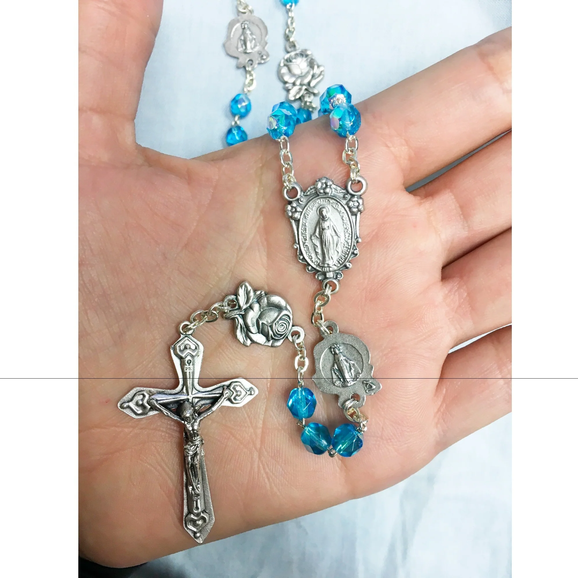Aqua Miraculous Medal with Roses Rosary - Image 4