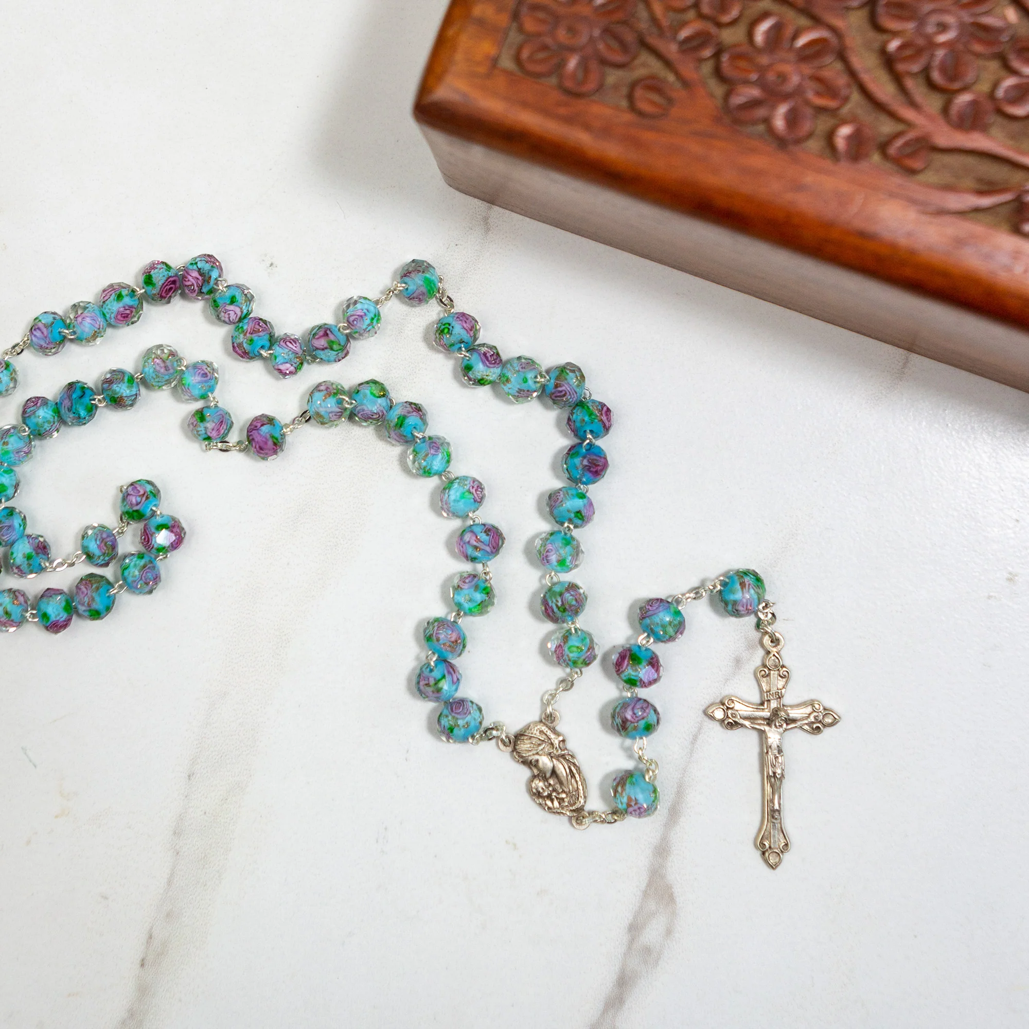Aqua & Rose Bead Rosary