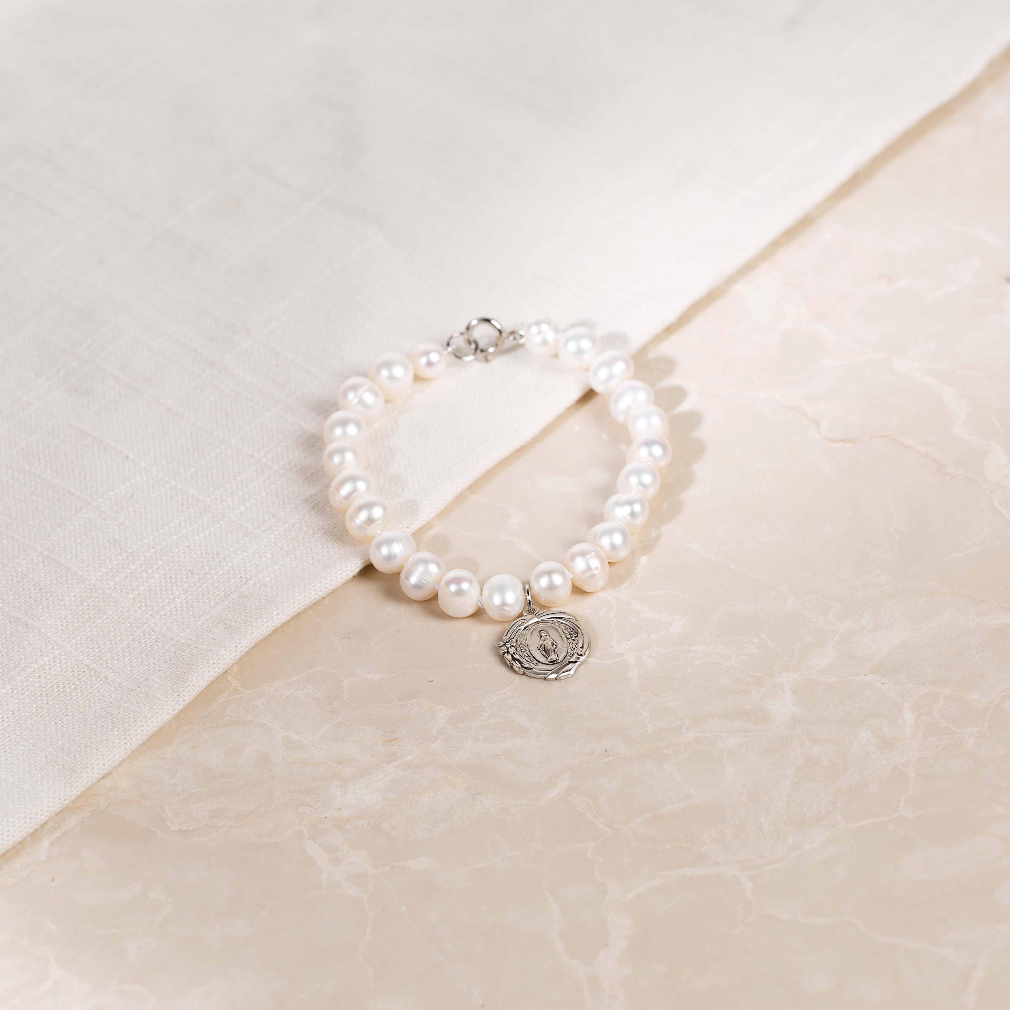 Archive Collection Pearl & Floral Miraculous Medal Bracelet - Image 3