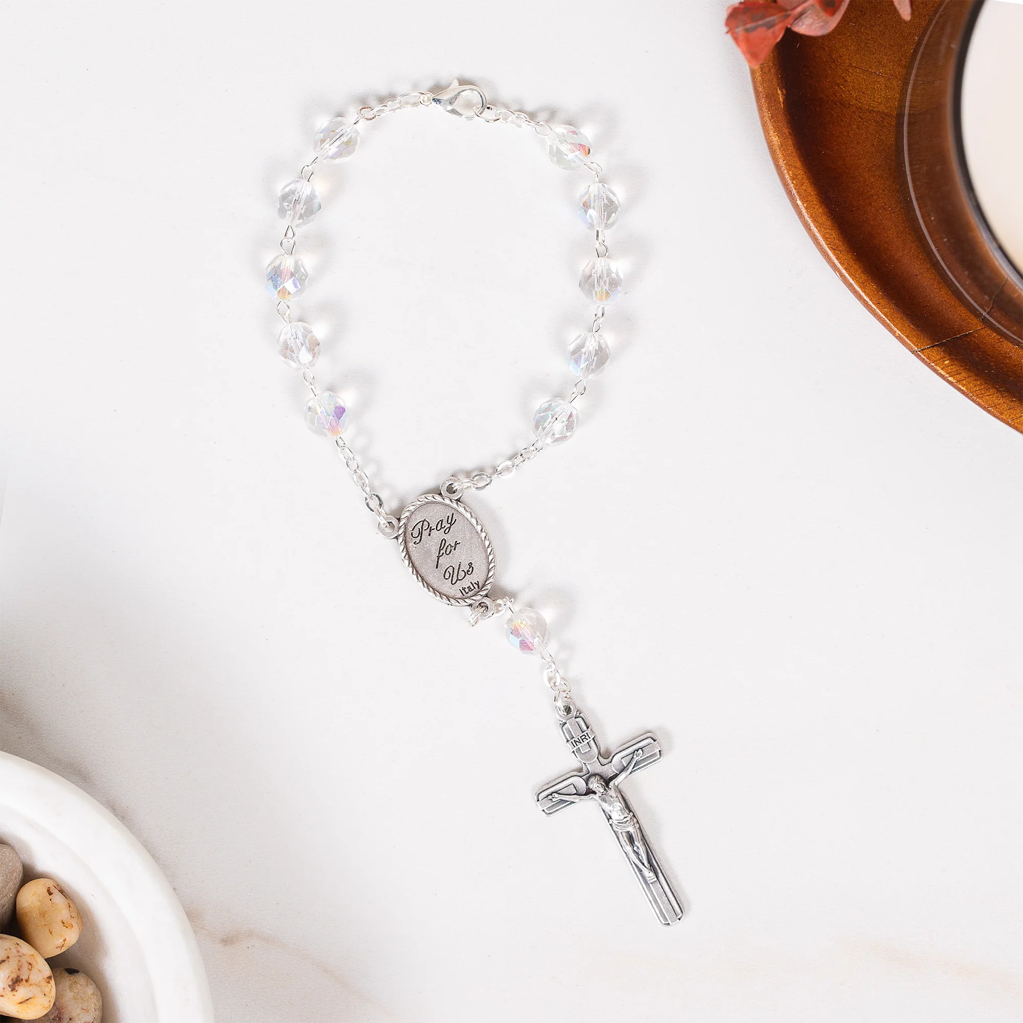 Aurora Borealis Clear Crystal Guardian Angel Auto Rosary - Image 2