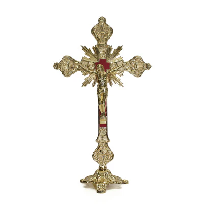 Baroque Gold Standing Crucifix with Red Inlay - 8" - Image 2
