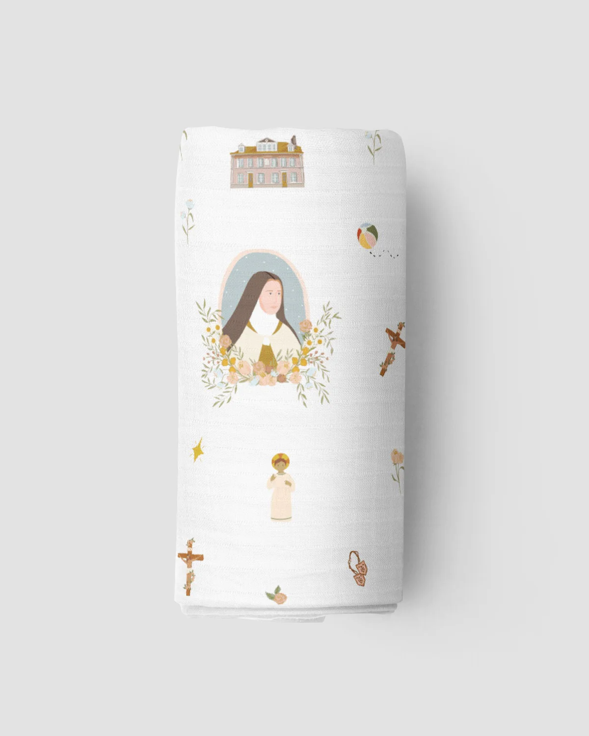 Be A Heart - St. Therese Muslin Swaddle Baby Blanket - Image 2