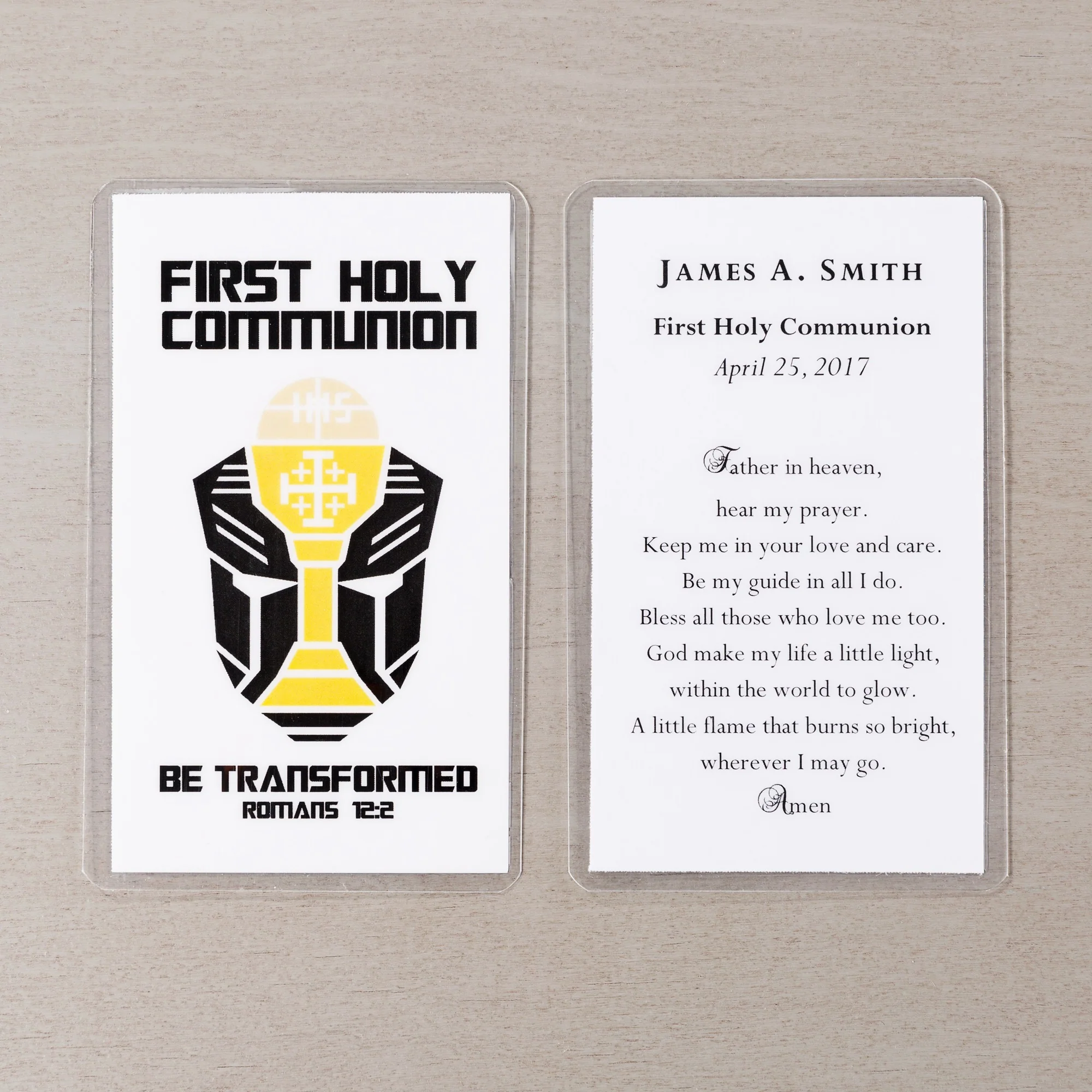 Laminated "Be Transformed" First Holy Communion Personalized Prayer Card for Boys