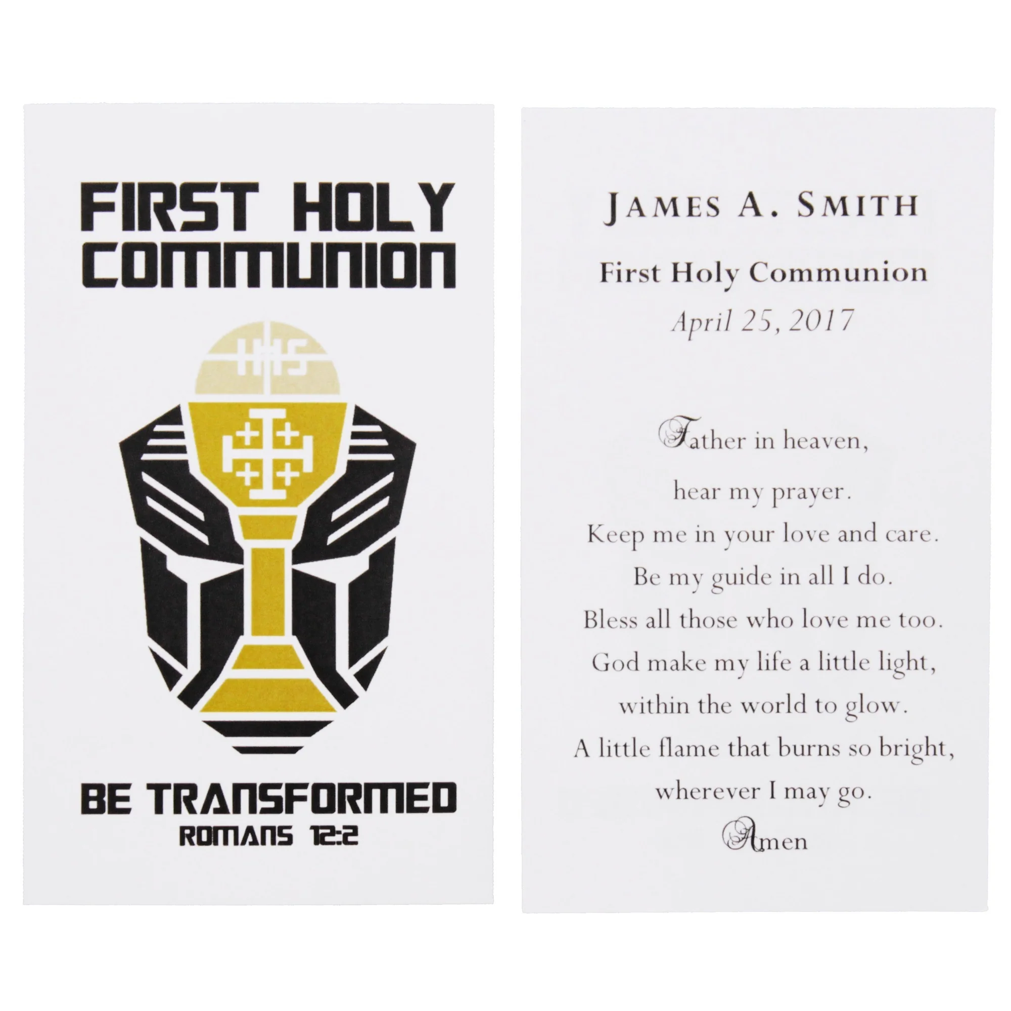 Laminated "Be Transformed" First Holy Communion Personalized Prayer Card for Boys - Image 3